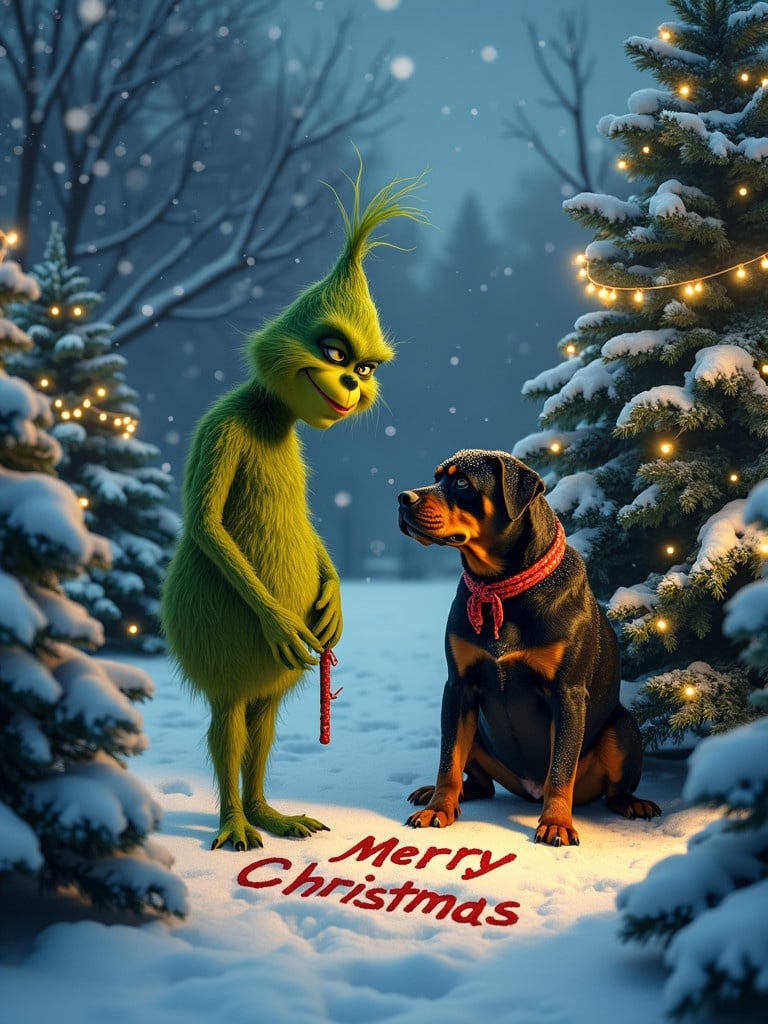 The Grinch stands outside in a snowy landscape. Christmas trees are present, decorated with warm lights. The Grinch writes Merry Christmas on the snow while a Rottweiler sits beside him.