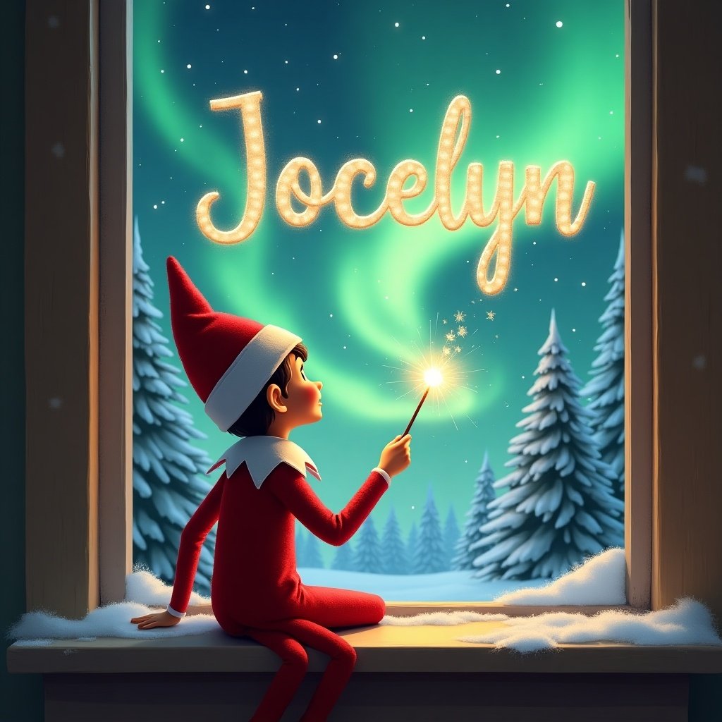 An adorable elf on the shelf sits on a window ledge. The elf has brown skin and wears a red outfit. She faces away from the viewer and gazes up at northern lights in the sky. One hand holds a magic wand, creating sparkling sparks that spell out Jocelyn. Snow-covered pine trees add to the festive atmosphere.