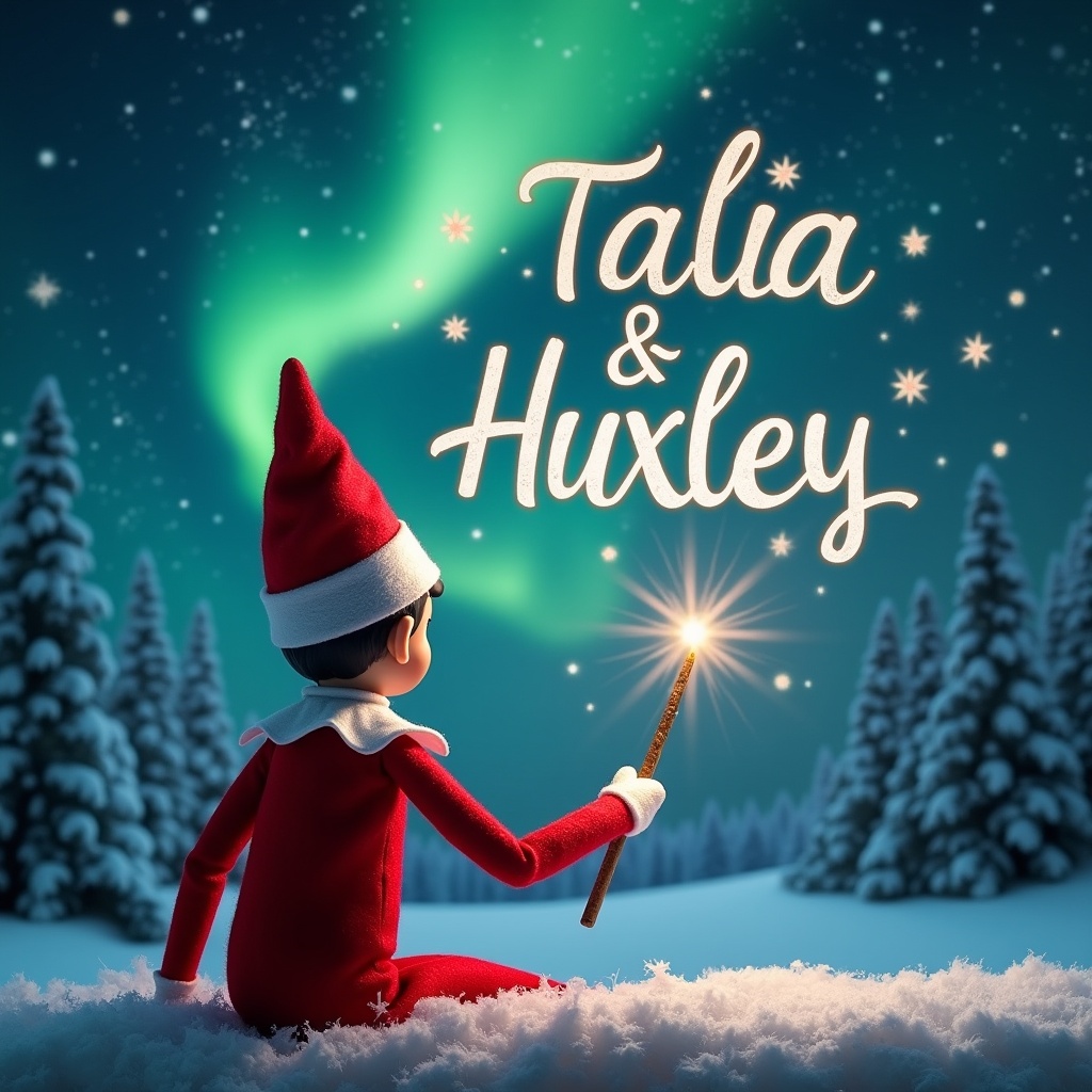 The image depicts an elf on the shelf, sitting with his back to the viewer. He is facing a luminous night sky, filled with northern lights. In his hand, he holds a magic wand, elegantly writing the names 'Talia & Huxley' in the air. The background features a beautiful winter landscape, complete with snow-draped trees and faint outlines of Santa in the distance. The scene captures a magical Christmas moment, brimming with joy and holiday spirit.