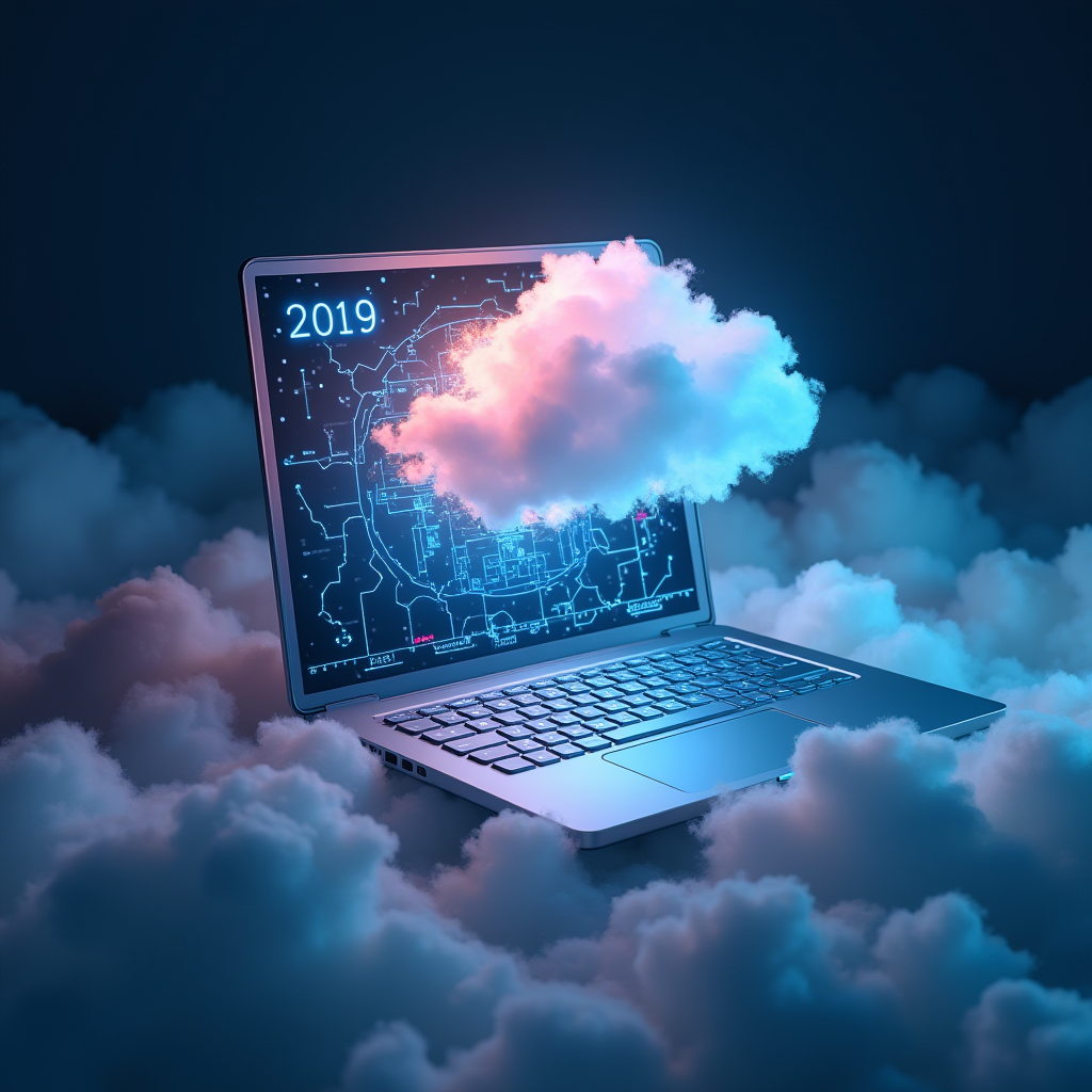 A laptop surrounded by digital clouds, displaying a futuristic interface with the year 2019.