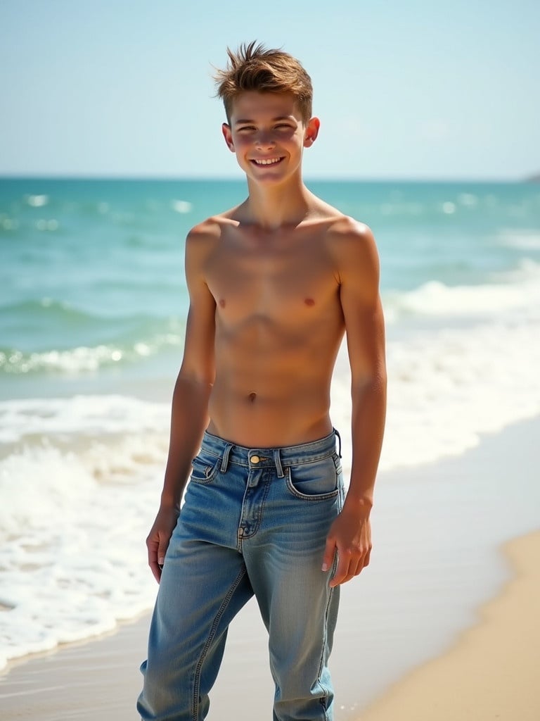 Young muscular slim teenage boy wearing low hanging jeans at beach. Natural sunny environment. Standing barefoot on sand. Waves softly crashing behind him.