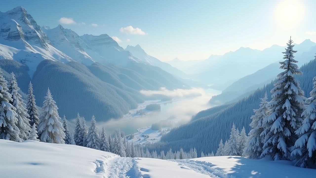 Movie scene, photo effect, bird's-eye view, first snow, light snow falling gently, the mountains are dyed white by the snow, beautiful snow scene, soft light, movie color correction,