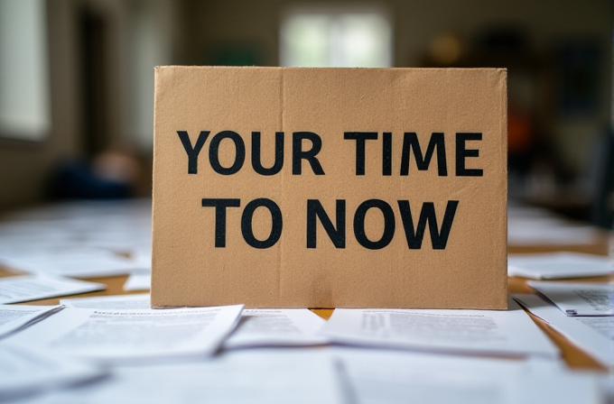 A cardboard sign reading 'YOUR TIME TO NOW' placed on a table surrounded by scattered papers.