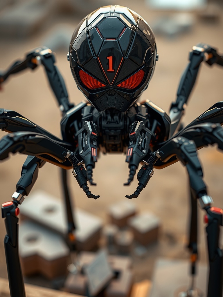 A futuristic robotic spider dominates the frame, with a sleek black exoskeleton and striking red accents on its back and eyes. The background is blurred, highlighting the detailed engineering of the spider's mechanical limbs, designed for apparent agility and power. Its design reflects a mix of technology and nature-inspired aesthetics, creating a sense of both intrigue and foreboding.