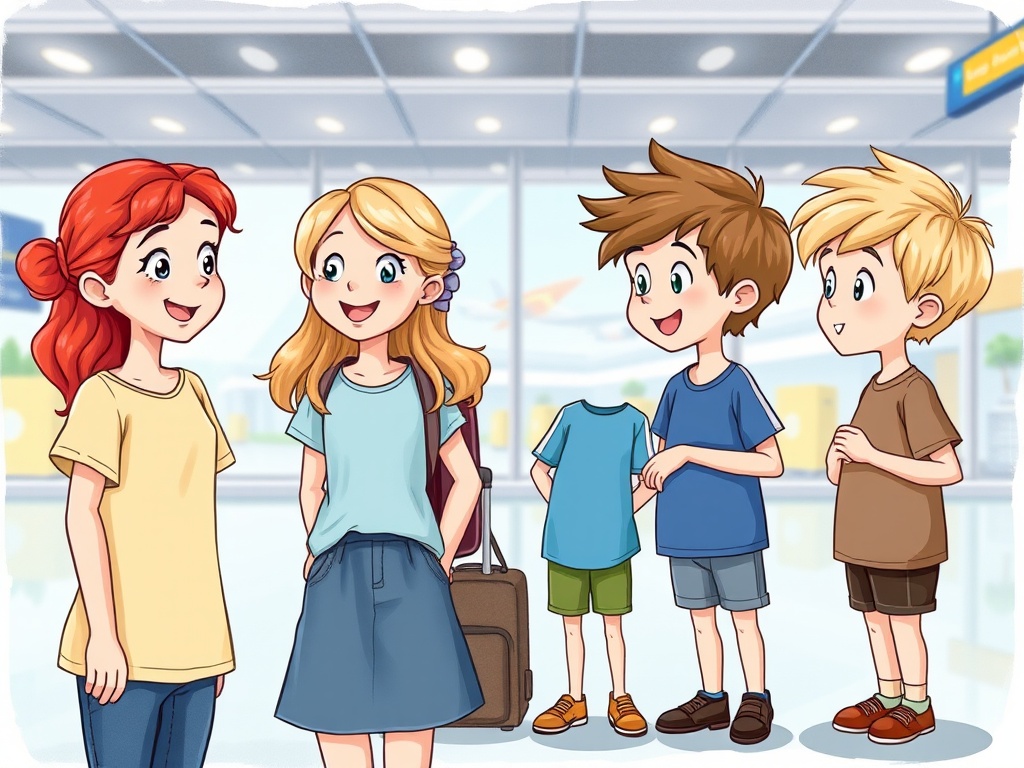 A group of animated children excitedly chatting in an airport setting.