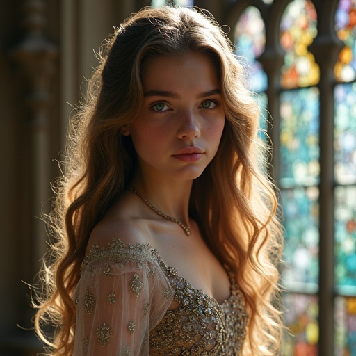 A girl with long wavy hair poses against stained glass windows in a mystical castle. Her gown is made of lace and silk with beadwork. The light creates shimmering colors in her hair. The atmosphere feels mysterious and elegant.