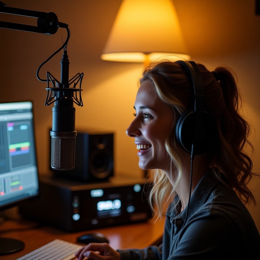 A person sits in a cozy home studio setup. The person wears headphones and smiles at a microphone. A warm lamp illuminates the space, creating a relaxed atmosphere. A computer shows audio software, indicating a personal workspace. The scene evokes a positive experience while working.