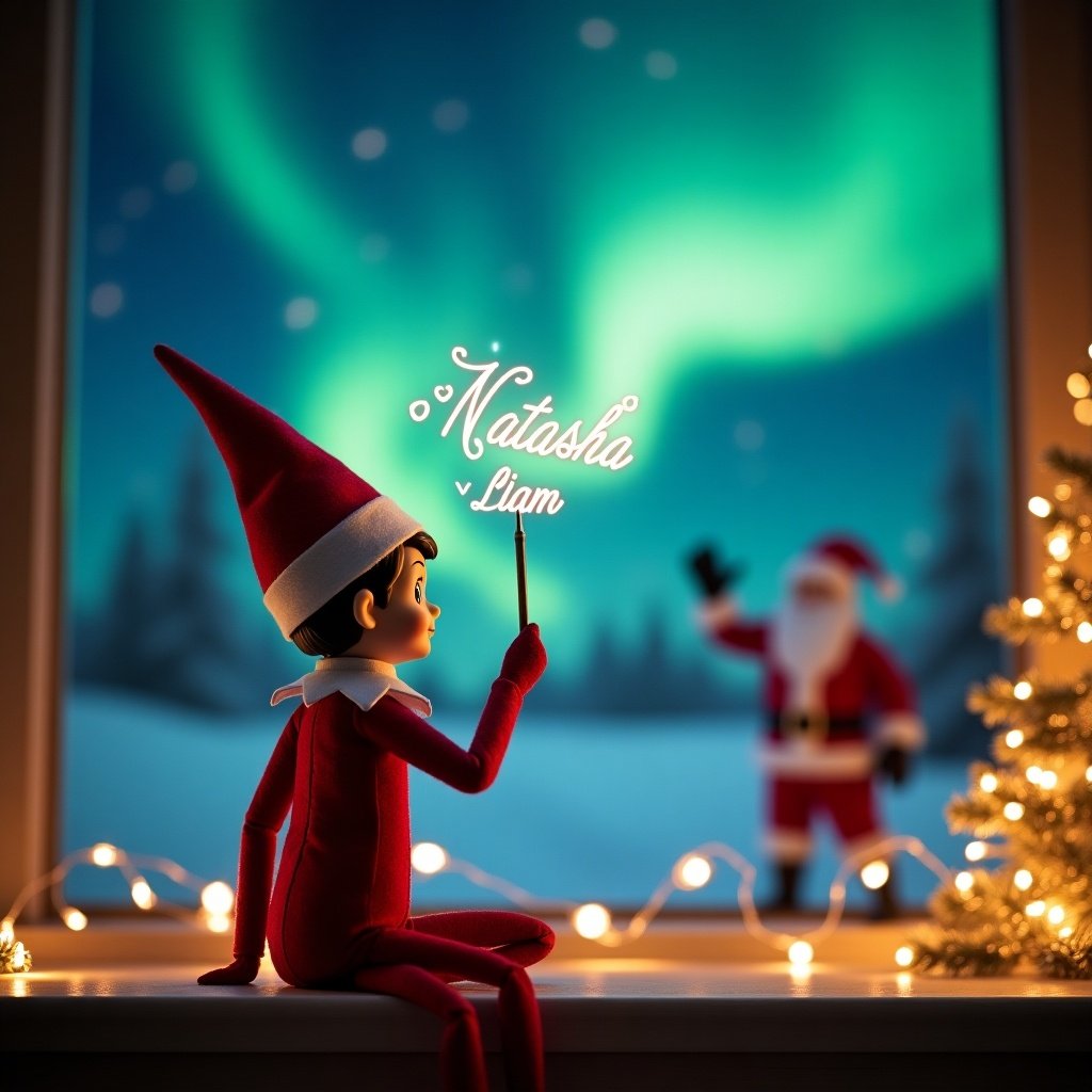 An adorable scene captures an Elf on the Shelf with his back to the viewer. He is facing a breathtaking nighttime sky illuminated by the northern lights. The elf, dressed in traditional holiday attire, is using a magic wand to elegantly write the names 'Natasha' and 'Liam' in the air. In the background, Santa Claus joyfully waves, creating a sense of wonder and joy. The scene is completed with decorative Christmas elements like a beautifully lit tree and twinkling fairy lights, evoking a festive spirit.