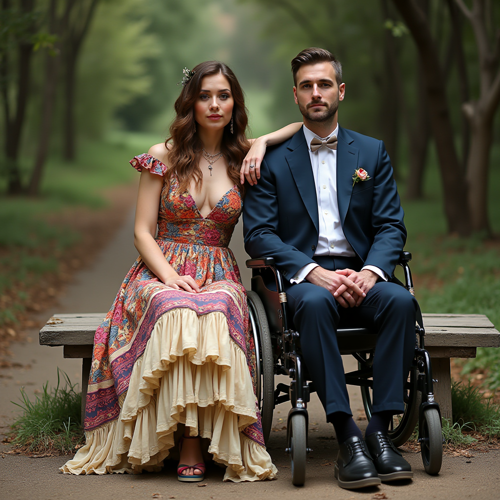 A woman in a colorful dress sits beside a man in a suit in a wheelchair, set against a natural wooded path.