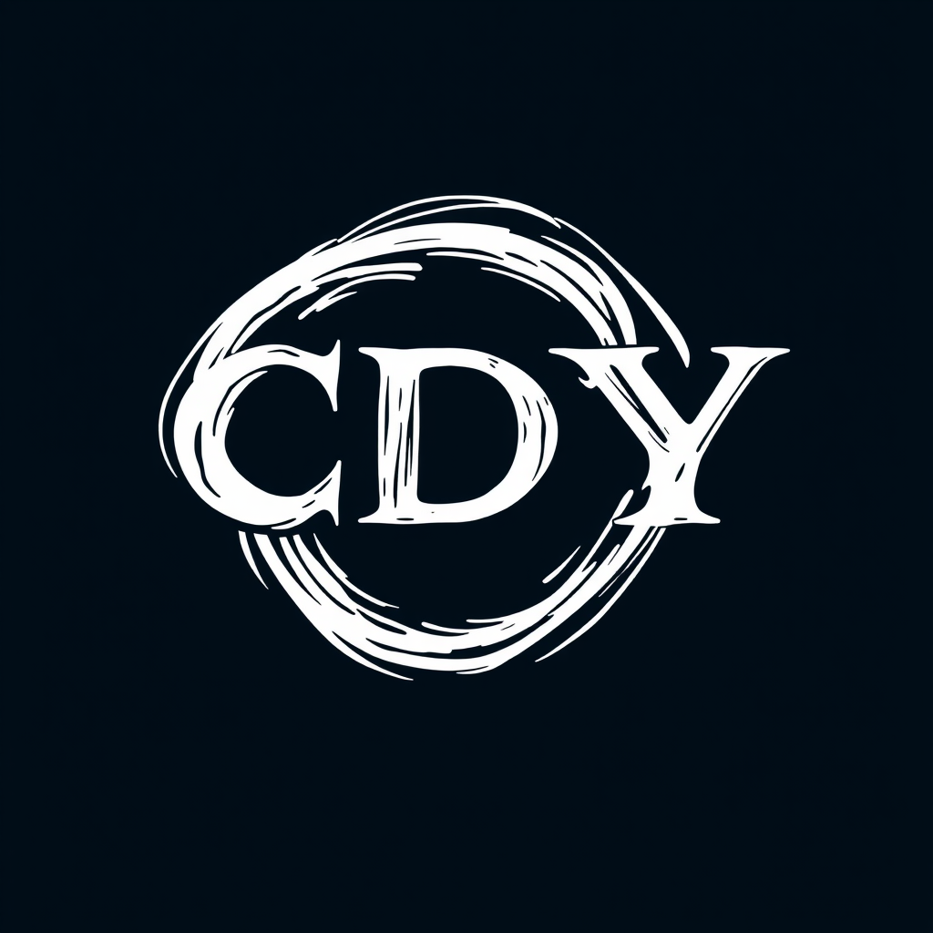 The image features the letters 'CDY' prominently displayed in the center. The letters are styled in a bold serif font, white in color, contrasting against a dark background. A dynamic, swirling brushstroke encircles the letters, adding an artistic flair. The brushstroke appears distressed or hand-drawn, creating a sense of movement and creativity. This emblem-like design has a modern, minimalist aesthetic.