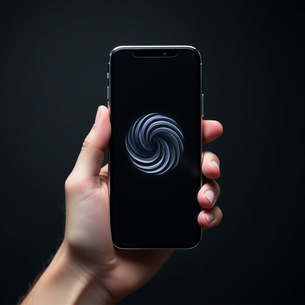 A hand holds a smartphone displaying a unique design on its screen. The design features a dark, swirling pattern that is visually striking. The phone is tilted slightly, allowing for a clear view of the display. The background is muted, which helps to emphasize the phone itself. The soft lighting adds to the modern and sleek appearance of the image.