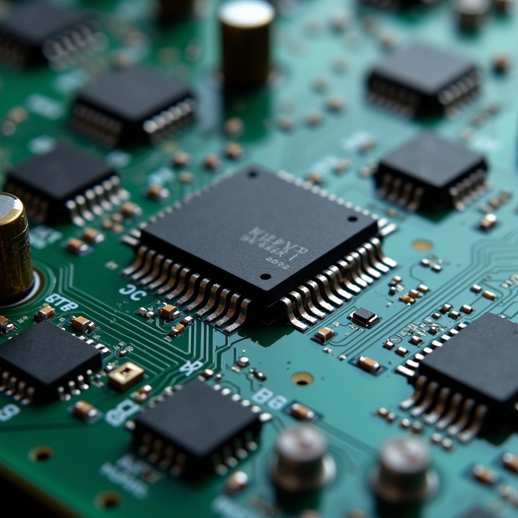 Close-up view of an electronic circuit board. Features various microchips and electronic components. Offers detailed perspective on hardware.