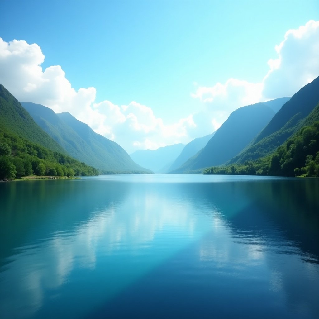 A serene lake reflecting surrounding mountains under a bright blue sky with clouds. Lush greenery borders the lake, creating a peaceful atmosphere.