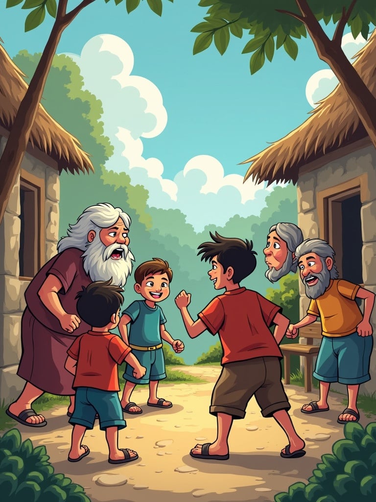 Cartoon depiction of a lively confrontation in a village. Young children engage in playful arguments with older characters. Bright colors bring the scene to life. The artwork shows a sunny day with trees and village houses in the background.