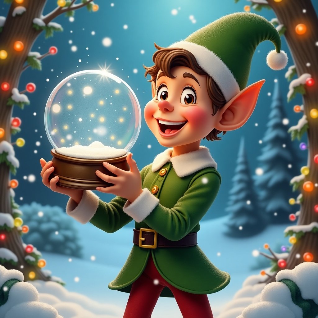 Buddy the elf holds an empty snow globe. The scene is festive with holiday decorations. There is a soft magical light in the background. The elf wears a traditional Christmas outfit.