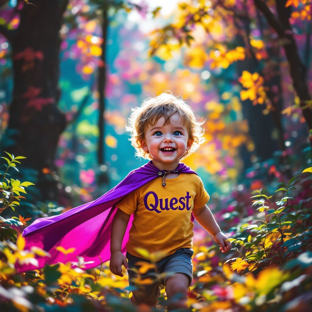 A joyful four-year-old child wanders in a vibrant forest. Colorful foliage surrounds the child with warm sunlight shining through the leaves. The child wears a purple cape and a shirt with the word Quest. Their eyes show awe towards the towering trees above. Leaves shimmer with various colors while laughter mixes with nature sounds. The scene embodies the spirit of adventure and curiosity.