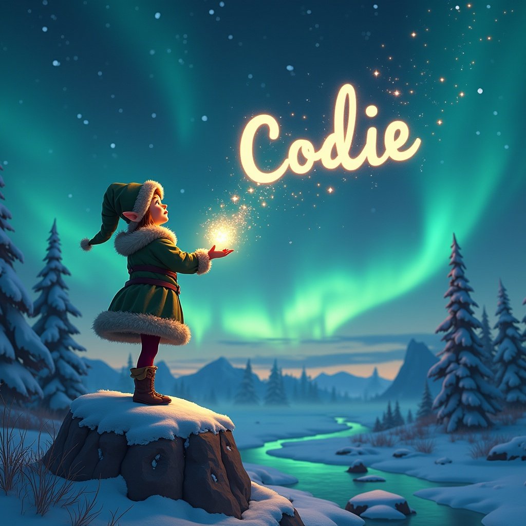 In a magical landscape at night, a girl dressed as an elf stands on a rocky outcrop. She casts glimmering sparkles into the air, looking up with pure wonder. The northern lights shimmer overhead, casting a beautiful glow across the snowy scene. Snow blankets the ground, enhancing the magical atmosphere. In the sky, she creates the name 'Codie' with her magic. The image captures an enchanting sense of adventure and the beauty of nature.