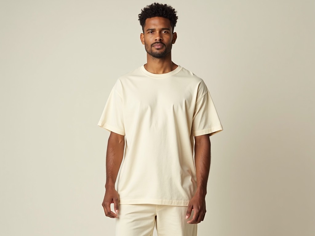 A person is standing against a neutral beige background, wearing an oversized beige t-shirt and matching pants. The outfit is simple and neutral, emphasizing minimalism and comfort. The subtle shadows highlight the relaxed fit and texture of the clothing, adding depth to the image.