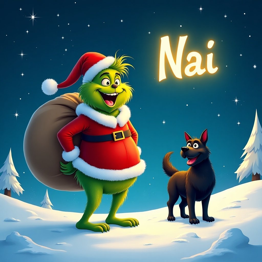 Charming snowy landscape with vibrant Grinch in Santa outfit. Grinch carries a large sack. Joyful big black dog beside him. Night sky with stars. Word 'Nai' glowing above.