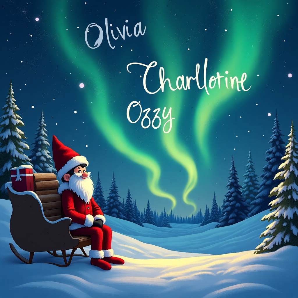 The image features an elf representing the 'Elf on the Shelf' sitting in a cozy chair, gazing up at the northern lights. Above the elf are the names Olivia, Charlotte, and Ozzy, whimsically written in the sky. The background showcases a snowy landscape with tall evergreen trees, creating a serene winter scene. The soft glow of the northern lights adds to the magical atmosphere, making it feel festive and enchanting. This artwork captures the joy and wonder of the holiday season.