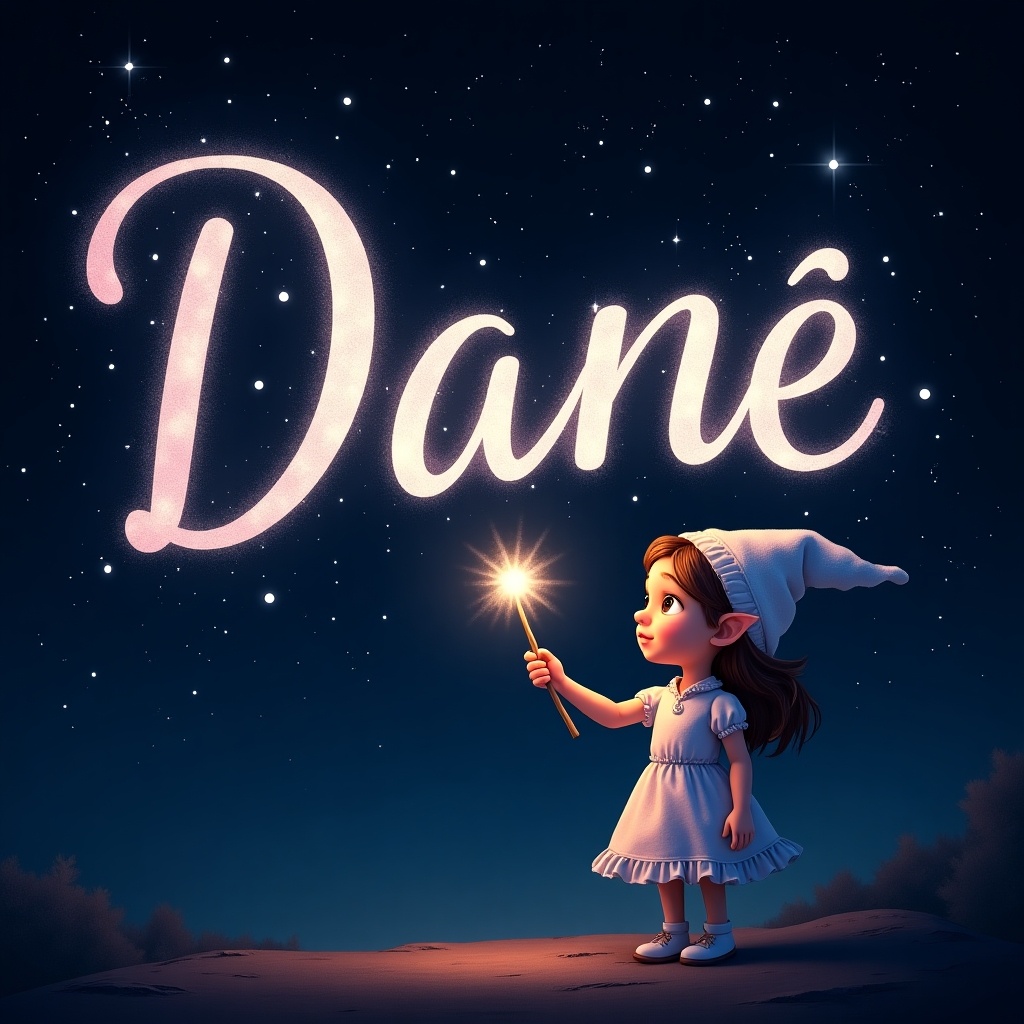 A girl elf uses a wand to write names in sparkling text against a starry night sky. The name 'Danè' is glowing. The background is dark, with white and light pink letters standing out. The scene conveys magic and wonder, resembling a fairy tale, inviting viewers into a fantasy world.