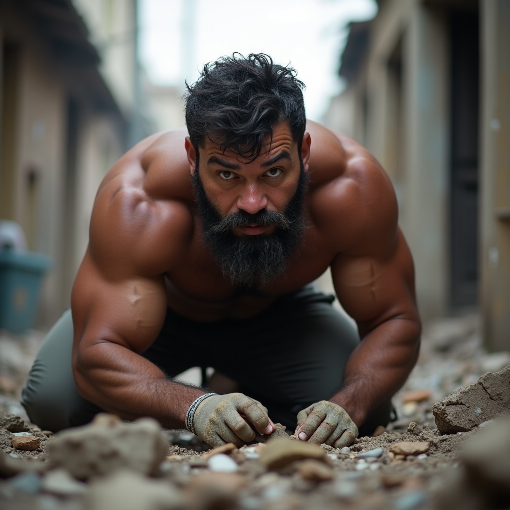 Bearded man crouched in urban setting. Intense expression while digging through ground. Cables and debris surrounding. Hypermasculine, hairy, mature bodybuilder. Blurred background emphasizes subject. Sense of hardship and survival.