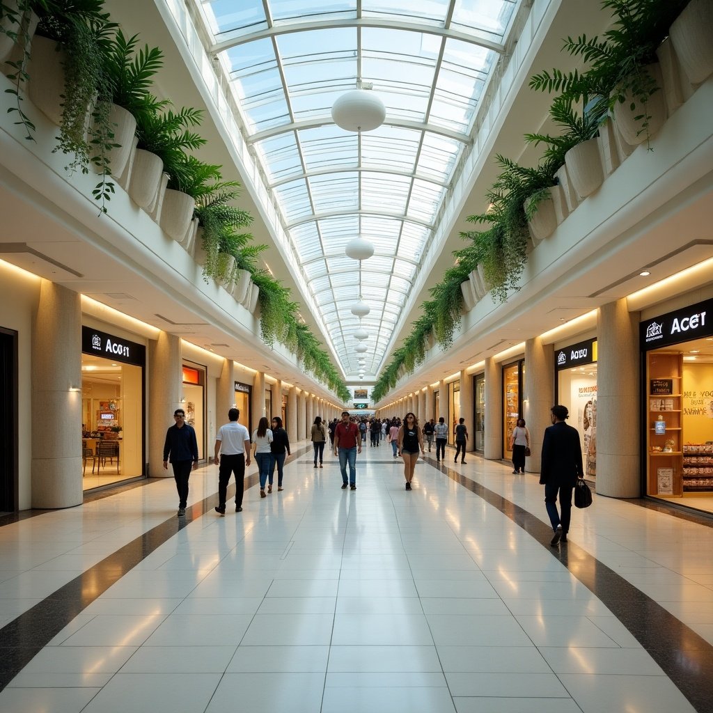 Interior of a shopping mall featuring a long corridor. Skylights provide natural light. Lined with shops and indoor plants. People walking and shopping.