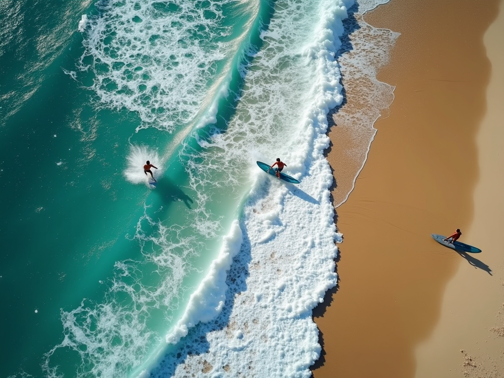 An aerial view of surfers riding turquoise waves next to a golden sandy beach.