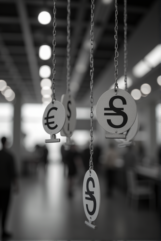 The image shows currency symbols hanging on chains in a blurred indoor setting.