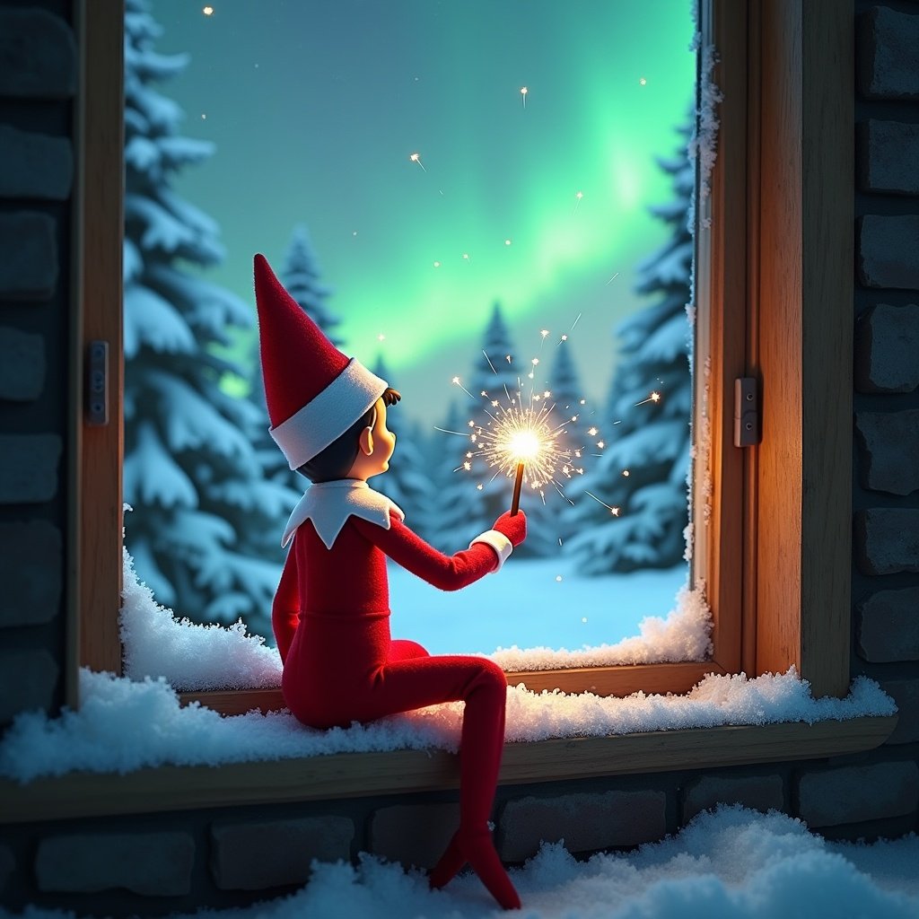 The image features an adorable elf on the shelf sitting on a window ledge. With his back turned to the viewer, he is using a magical wand to create twinkling sparks. The elf looks up at a stunning display of northern lights. The background showcases a winter wonderland filled with snow-covered pine trees. Dressed in a vibrant red outfit with white trim, the elf embodies the Christmas spirit while the enchanting colors of the aurora borealis enhance the magical ambiance.