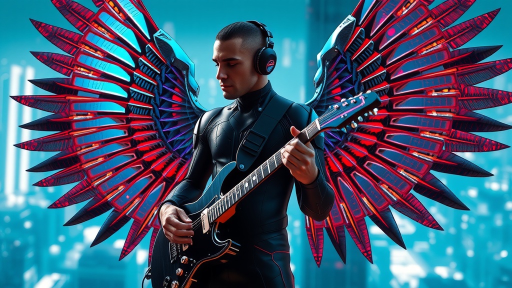 A futuristic musician is depicted playing an electric guitar against a backdrop of glowing city lights. The figure wears a sleek, form-fitting suit and has large, mechanical wings with red and black hues, which are illuminated with neon accents. The urban setting and vibrant colors emphasize a fusion of technology and art, evoking a sense of futuristic exploration.