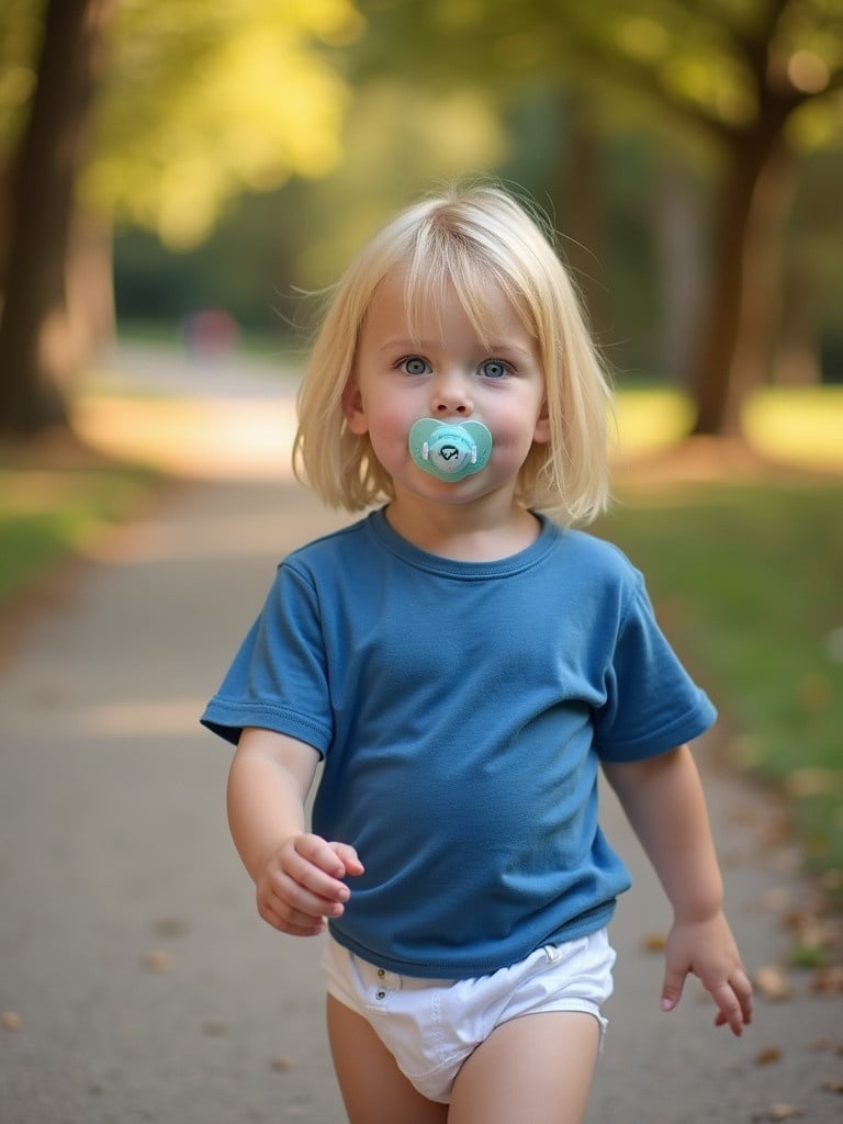 A young girl with blonde bob hairstyle is walking on a path in a park. She is wearing a blue top and white diapers. There are trees and a winding path in the background. The lighting is warm creating a cozy feeling. The scene highlights a playful day outdoors.