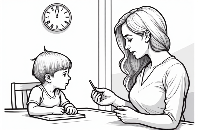 A woman is showing a pencil to a young boy sitting at a table with a notebook, under a wall clock.