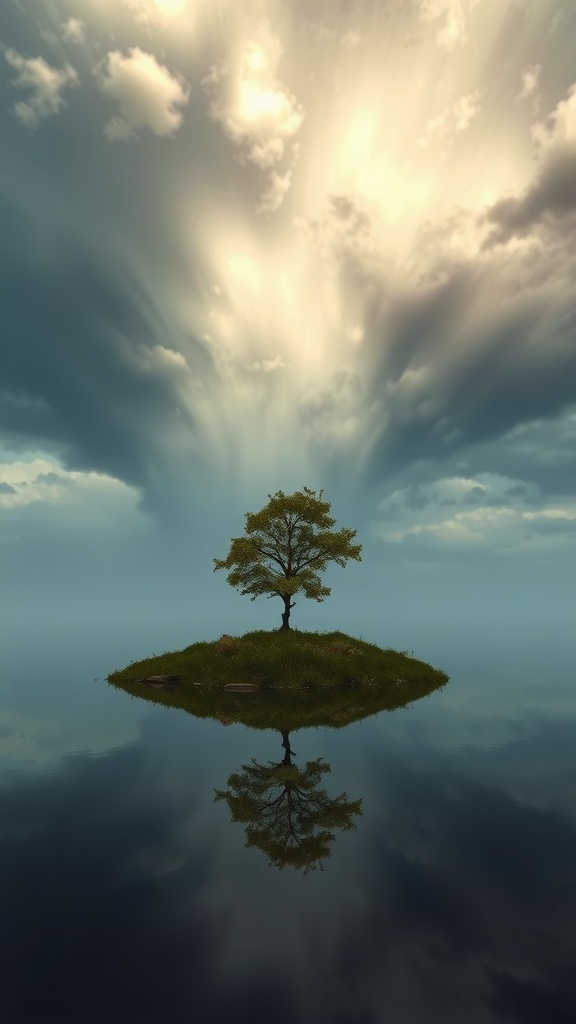 A lone tree stands on a small island, mirrored perfectly in tranquil water under dramatic skies.