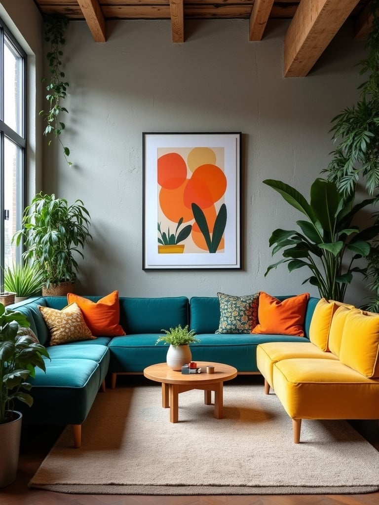 Image depicts a modern living room with comfortable sofas and vibrant art pieces. The room has a warm atmosphere created by a textured grey wall and large windows providing natural light. Indoor plants enhance the aesthetics. Color palette includes teal and yellow couches with orange pillows. Artwork above the sofas adds character.