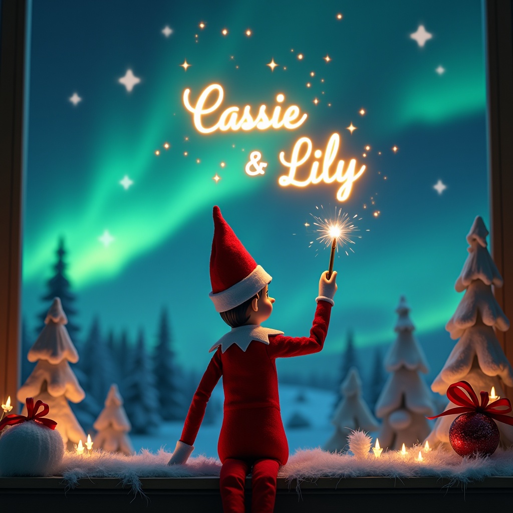 An enchanting Christmas scene features an elf on the shelf, facing the sky with his back to the viewer. The elf, dressed in red and white, wields a magic wand, writing 'Cassie' and 'Lily' in glowing script above him. The backdrop shows vibrant northern lights, creating a magical ambiance. This festive scene captures the spirit of Christmas with a whimsical twist. The elf’s action evokes wonder and excitement, embodying the joy of the Christmas season.