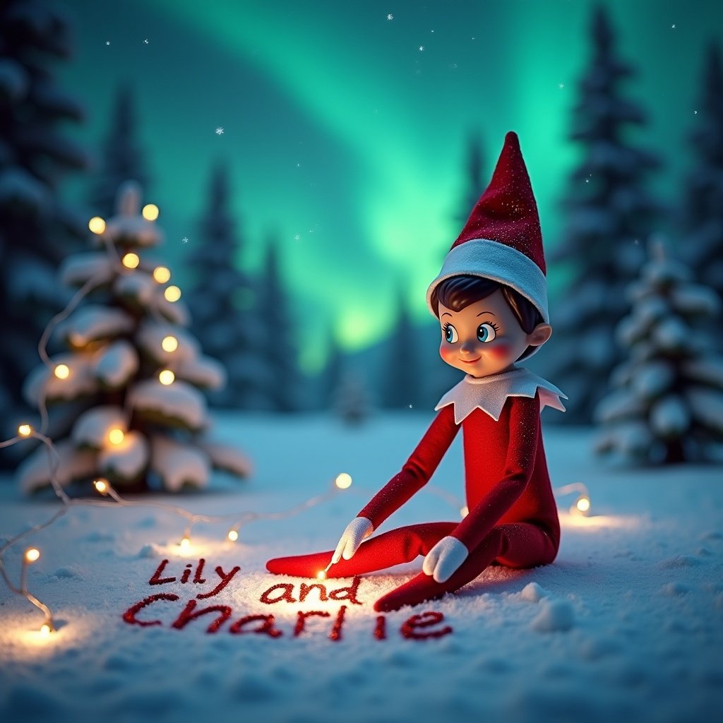 Elf on the shelf sitting in snowy landscape writing in snow. Magical atmosphere with vibrant northern lights. Elf in red outfit and pointed hat surrounded by twinkling lights. Scene captures Christmas essence and childhood wonder.