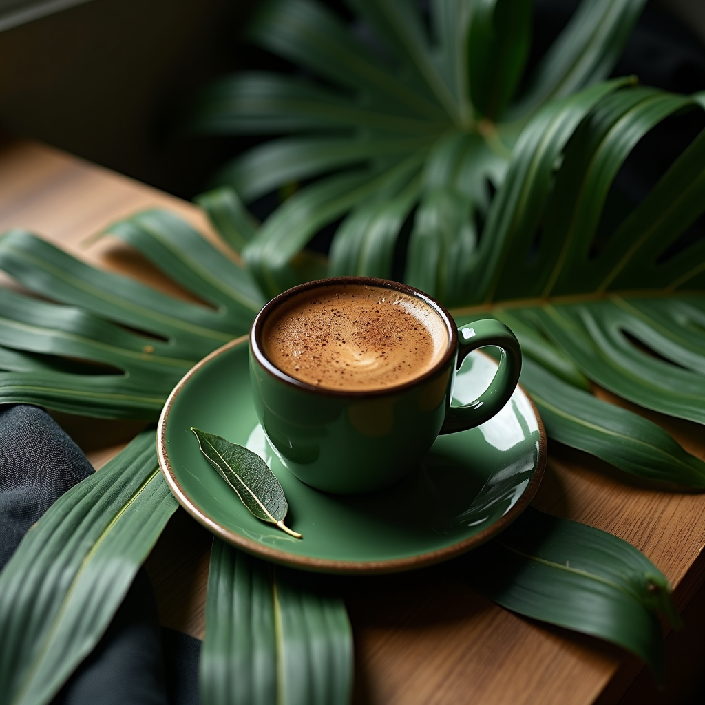 A green coffee cup on a saucer, surrounded by lush tropical leaves.