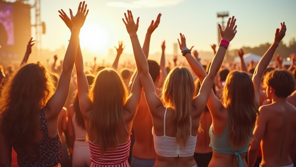 A group of young people at a summer festival, enjoying the sunset with raised arms amidst a lively crowd.