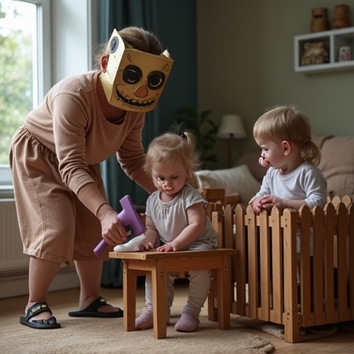 Scene of a mother playing with her children. Young girl rests on a stool while mother pretends to chop with a toy axe. Both girls have pacifiers. Background of a cozy room with soft colors and wooden furniture.