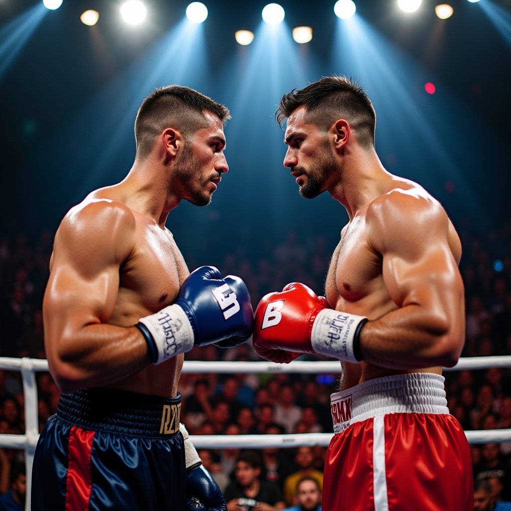 Capture intensity of two boxers staring each other down in the ring. Muscular build displays focus and commitment. Exciting arena filled with cheering crowd. Boxers wear different colored gloves representing teams. Showcasing strength and mental game before match.