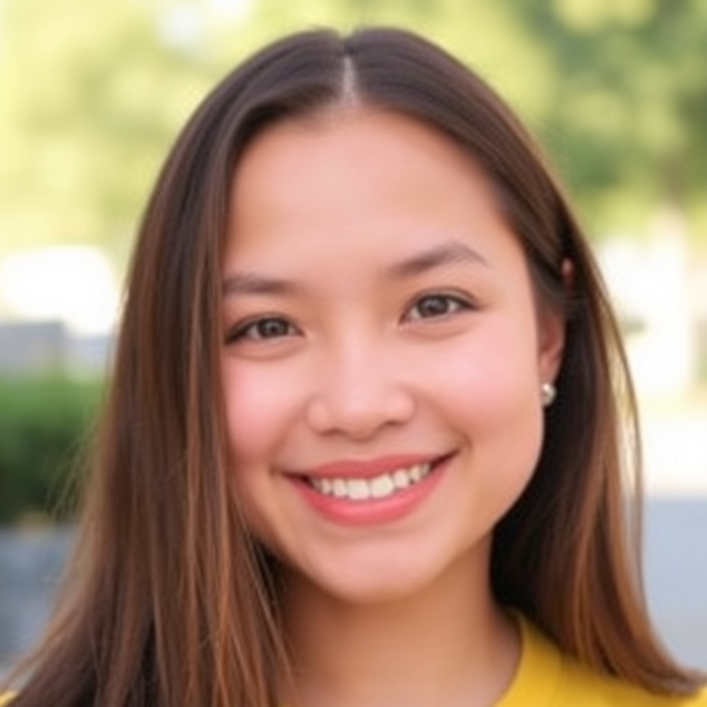 A person outdoors, smiling brightly, with long brown hair and wearing small earrings.