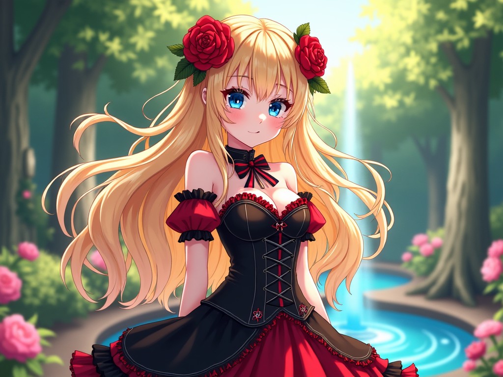 A beautiful anime-style illustration of a blonde girl wearing a red and black dress with roses in her hair, standing in a serene garden with trees and a water fountain, surrounded by flowers and sunlight.