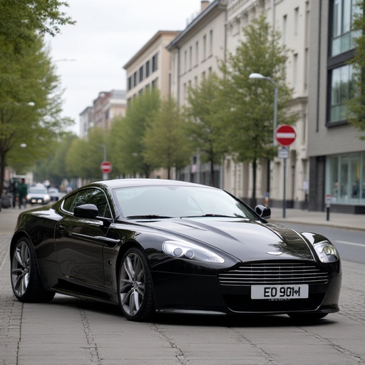 A sleek black Aston Martin sports car parked on a city street with trees lining the road.