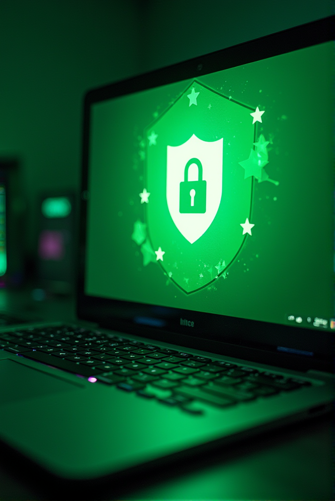 A glowing green hue illuminates a laptop screen that displays a shield with a padlock symbol, symbolizing security.