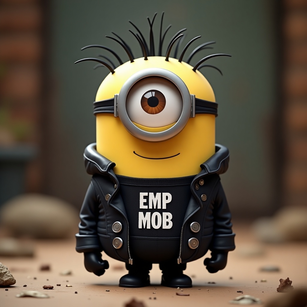 Animated character resembles a Minion. Dressed in edgy outfit. Features words 'EMP MOB' on torso. Stands confidently. Has a large eye and quirky hair. Background is slightly blurred with earthy tones.