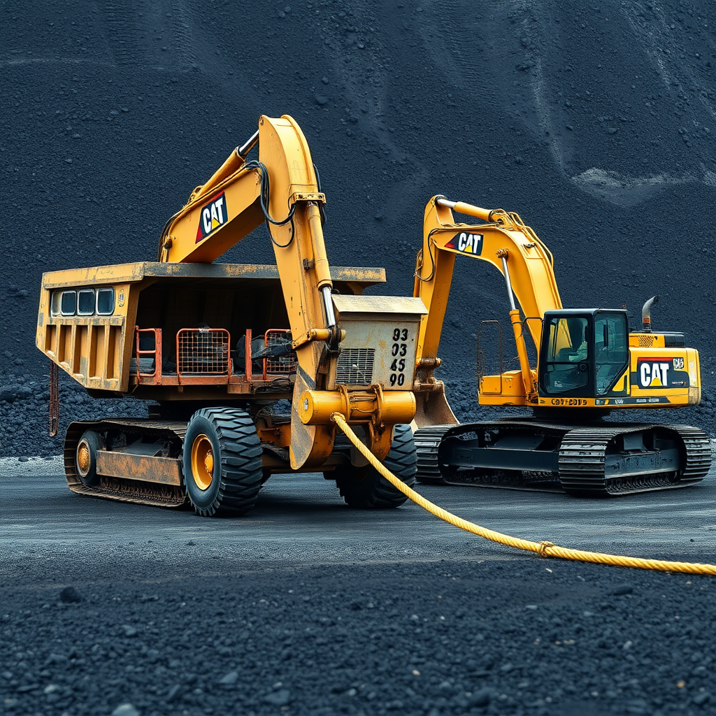 Two large, yellow Caterpillar construction vehicles are parked on a dark, gravel surface, with a haul truck in front connected to a tracked excavator by a thick yellow cable.