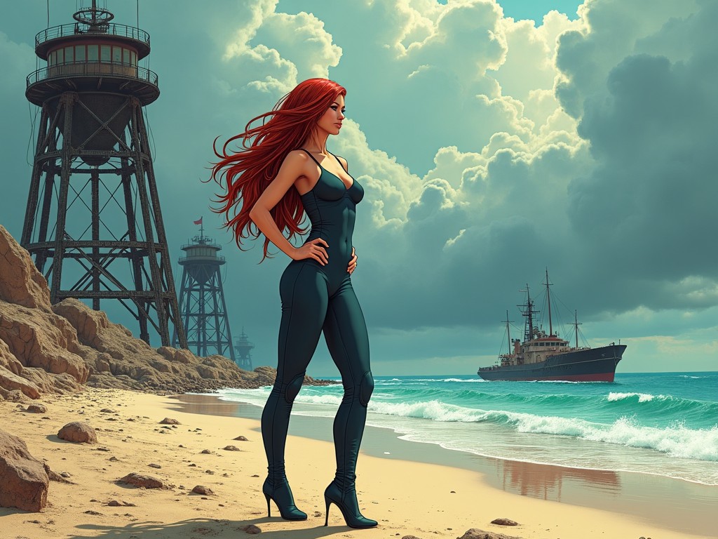 The image features a striking female character standing confidently on a beach. She has long, flowing red hair and wears a fitted black outfit complemented by high heels. Behind her, there are towering lighthouses with a dramatic sky that indicates an impending storm. Ocean waves crash gently at her feet, adding an adventurous vibe to the scene. A ship can be seen in the distance, enhancing the nautical theme.