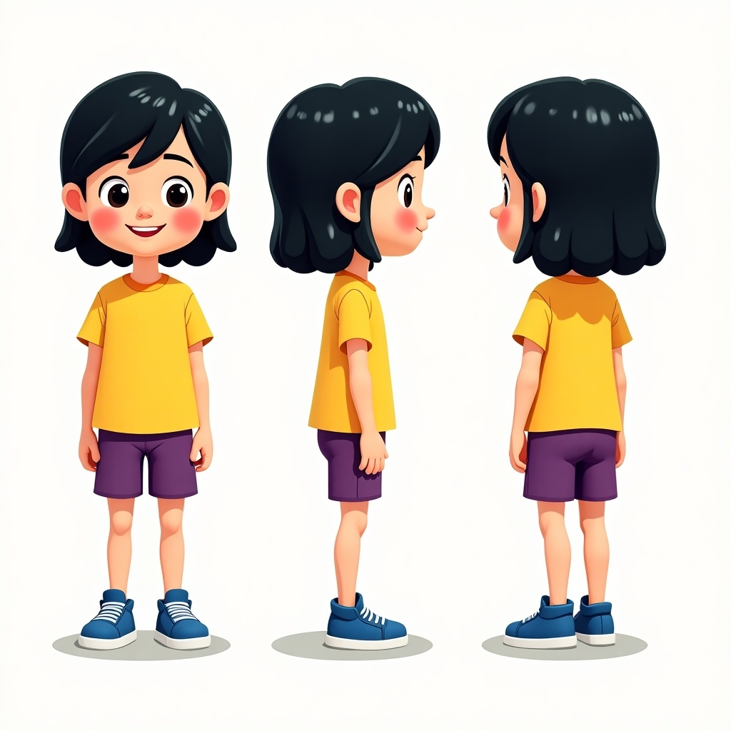 Cheerful animated character designed in cute style. Young boy with shoulder-length black hair. Wearing yellow t-shirt and purple shorts. Shoes are blue sneakers. Depicted from three angles: front, side, back. Vibrant and youthful color palette. Appealing to children. Suitable for various children's media.