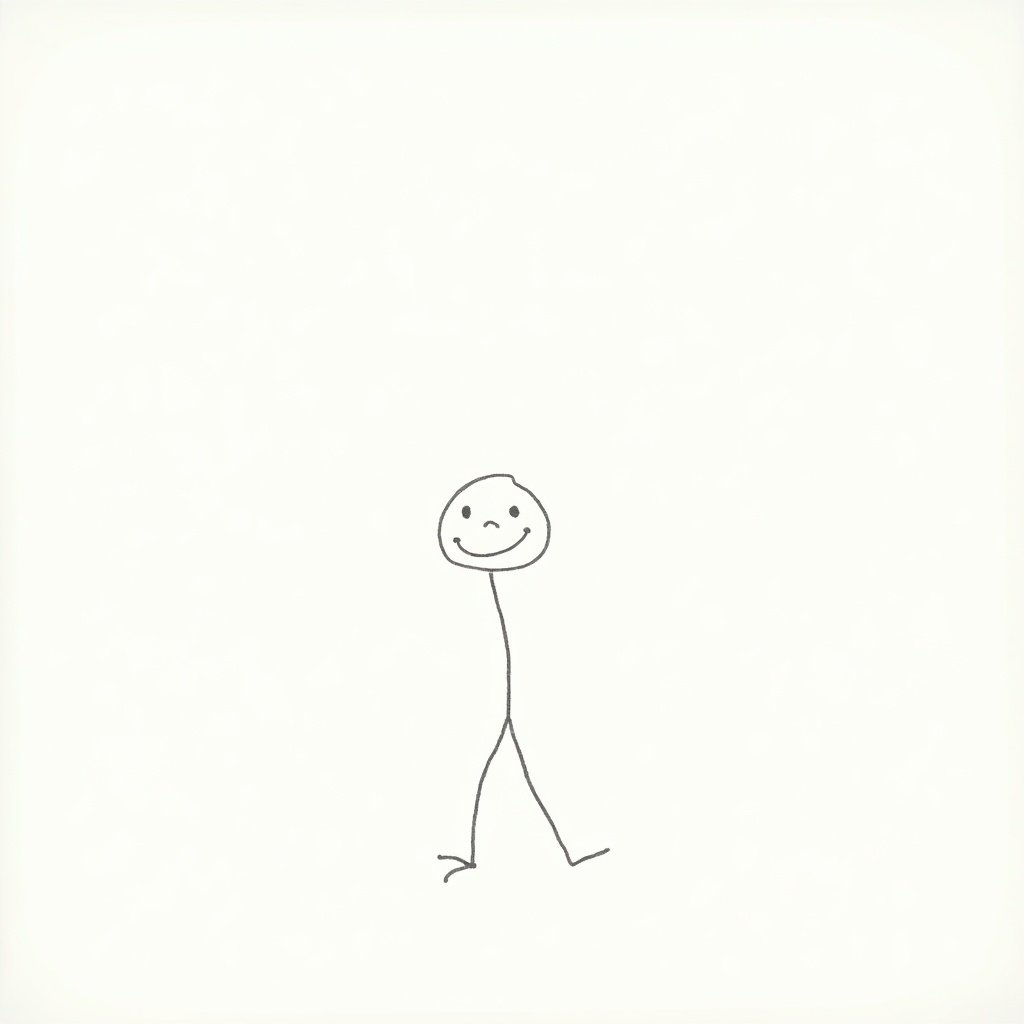 Image shows a simple doodle of a stick figure with a round head and a smile. The design uses minimal lines and shapes. The stick figure represents joy and positivity.